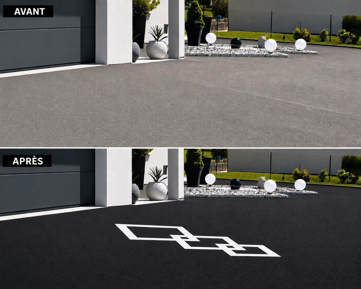 Motif décoratif appliqué sur un enrobé, avant et après
