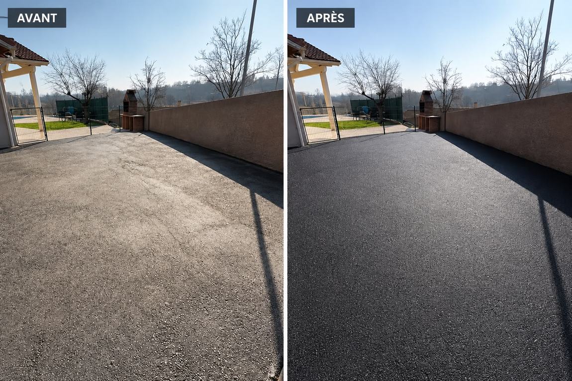 Cour en enrobé, avant et après rénovation