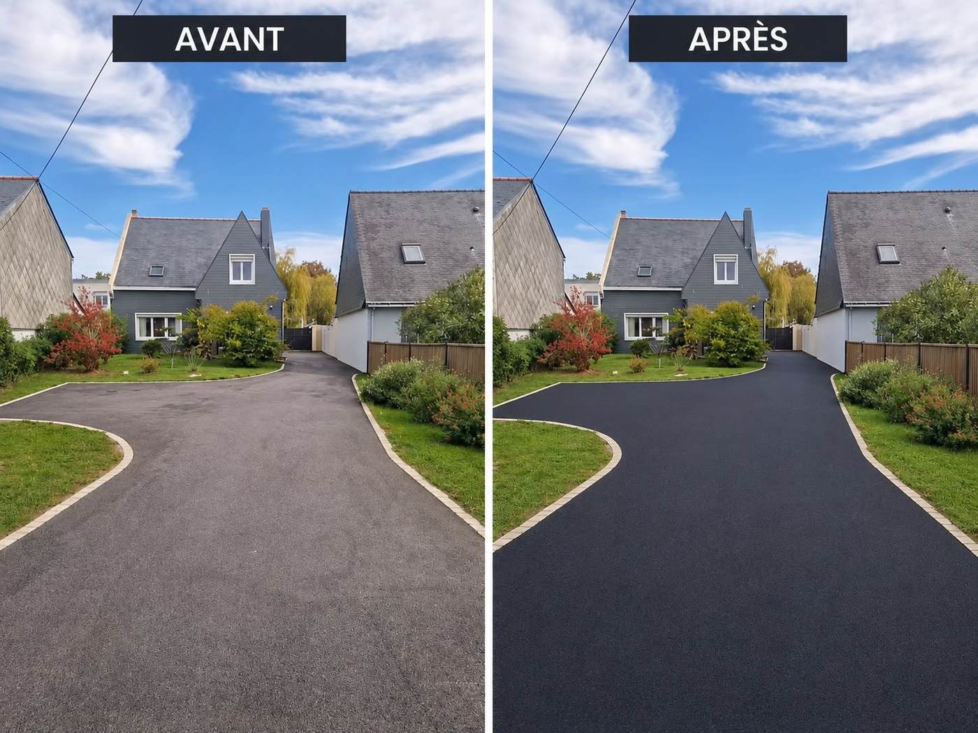 Allée d’accès à une maison, avant et après réfection de l’enrobé