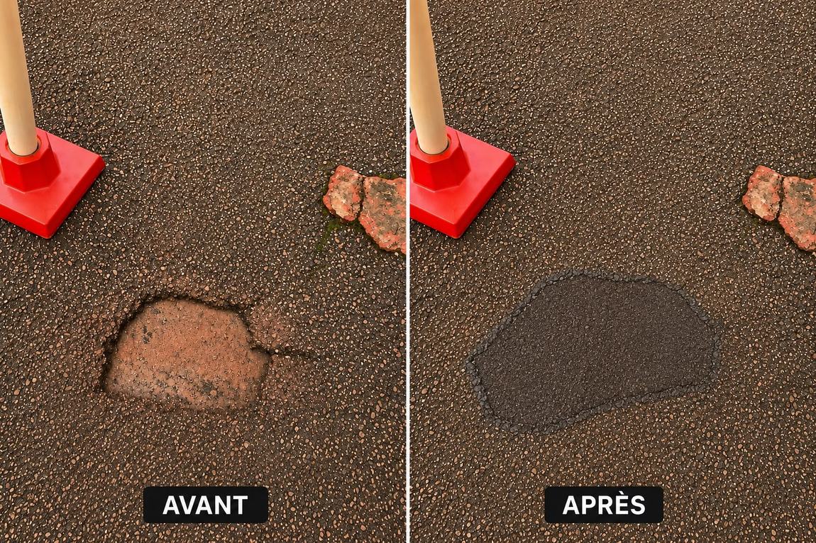 Entrée de garage en enrobé, avant et après rénovation