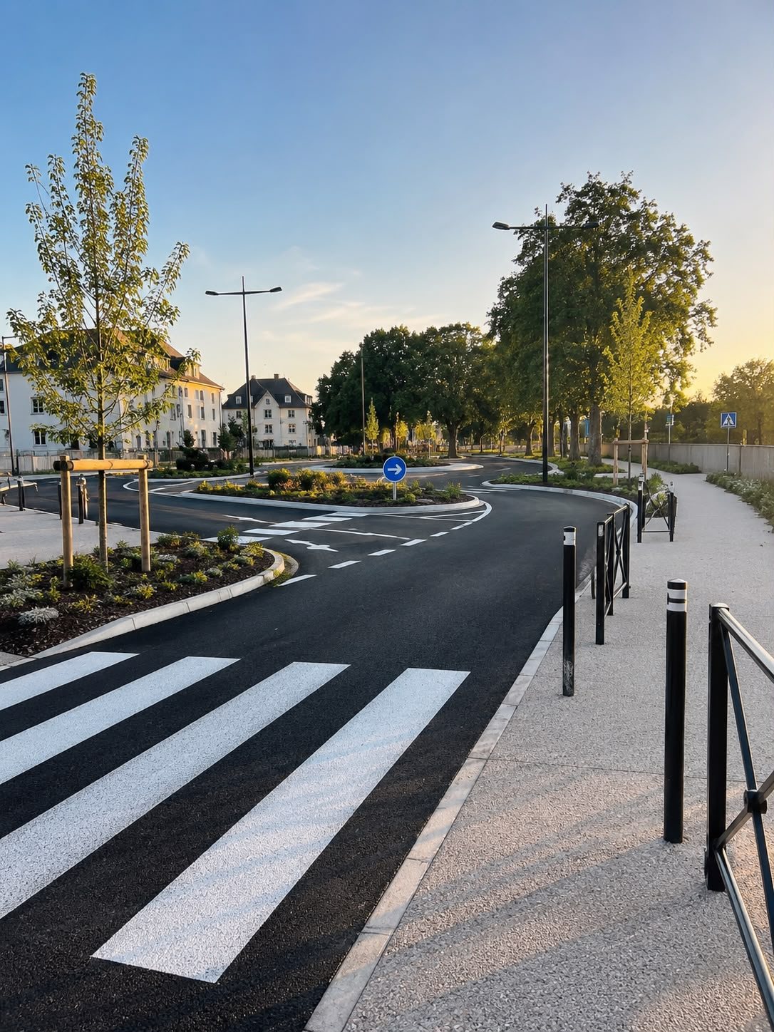 Rue aménagée par ARMOR : marquage, potelets et piste au coucher de soleil