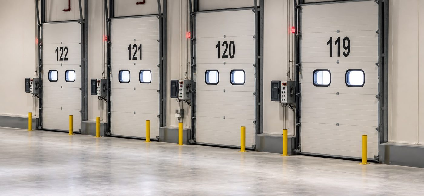 Quais de chargement numérotés et potelets de protection en entrepôt