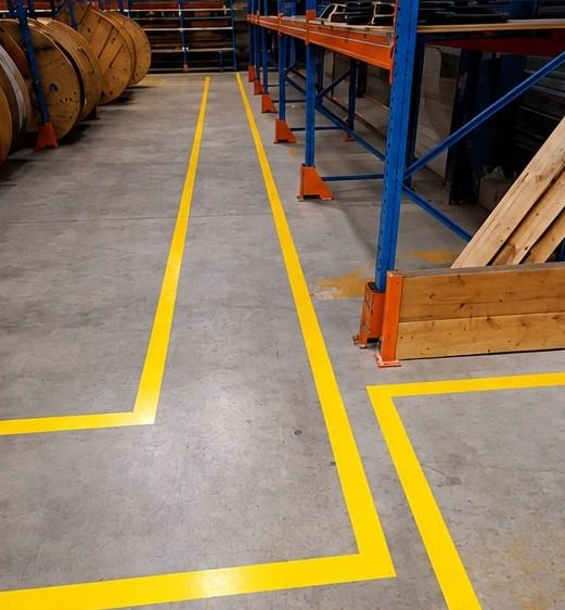 Zonage jaune d’une allée de circulation entre des racks de stockage