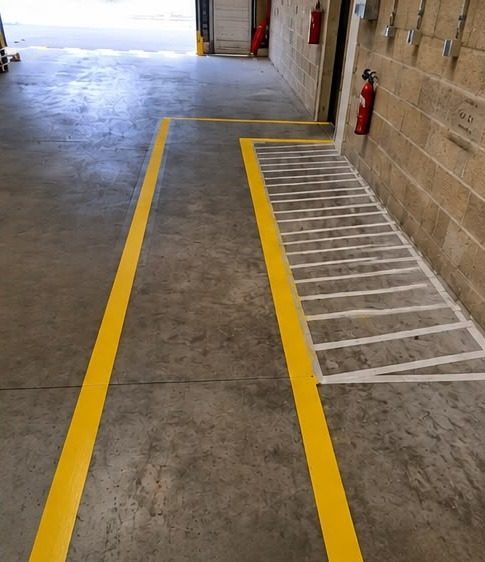 Ligne de guidage jaune et zone hachurée le long d’un mur d’atelier