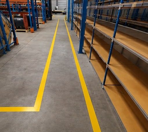Allée piétonne jaune tracée le long d’un rack d’entrepôt