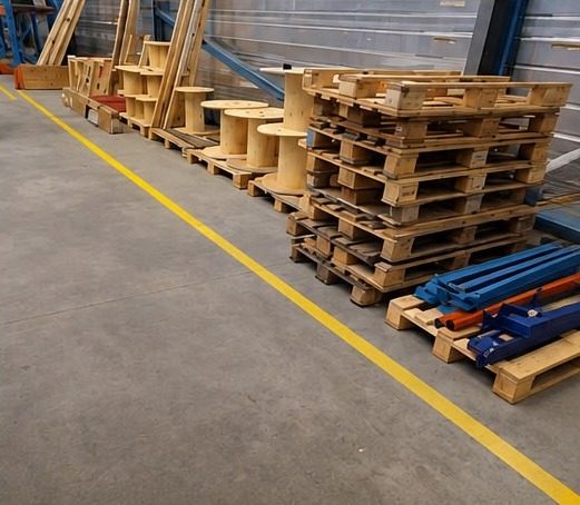 Zone de stockage de palettes délimitée au sol en jaune