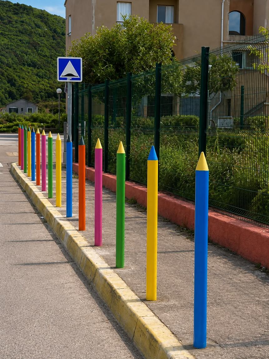 Potelets décoratifs en forme de crayons devant une école