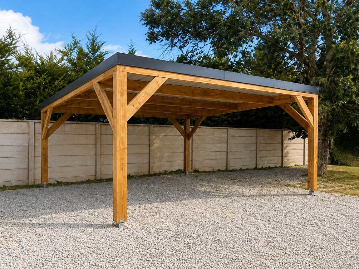 Carport en bois sur cour gravillonnée