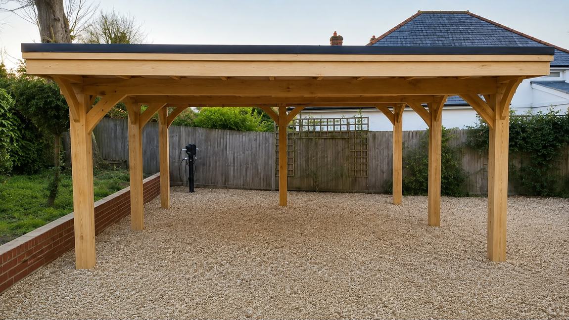 Carport en bois adossé à un mur de clôture