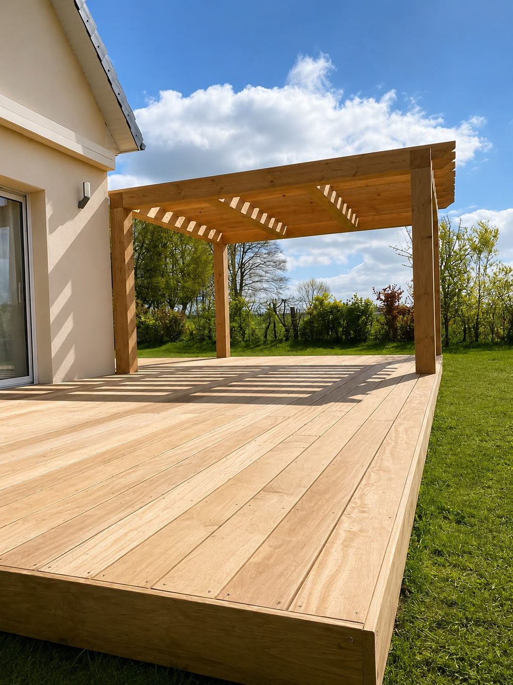 Carport en bois et terrasse en bois attenante