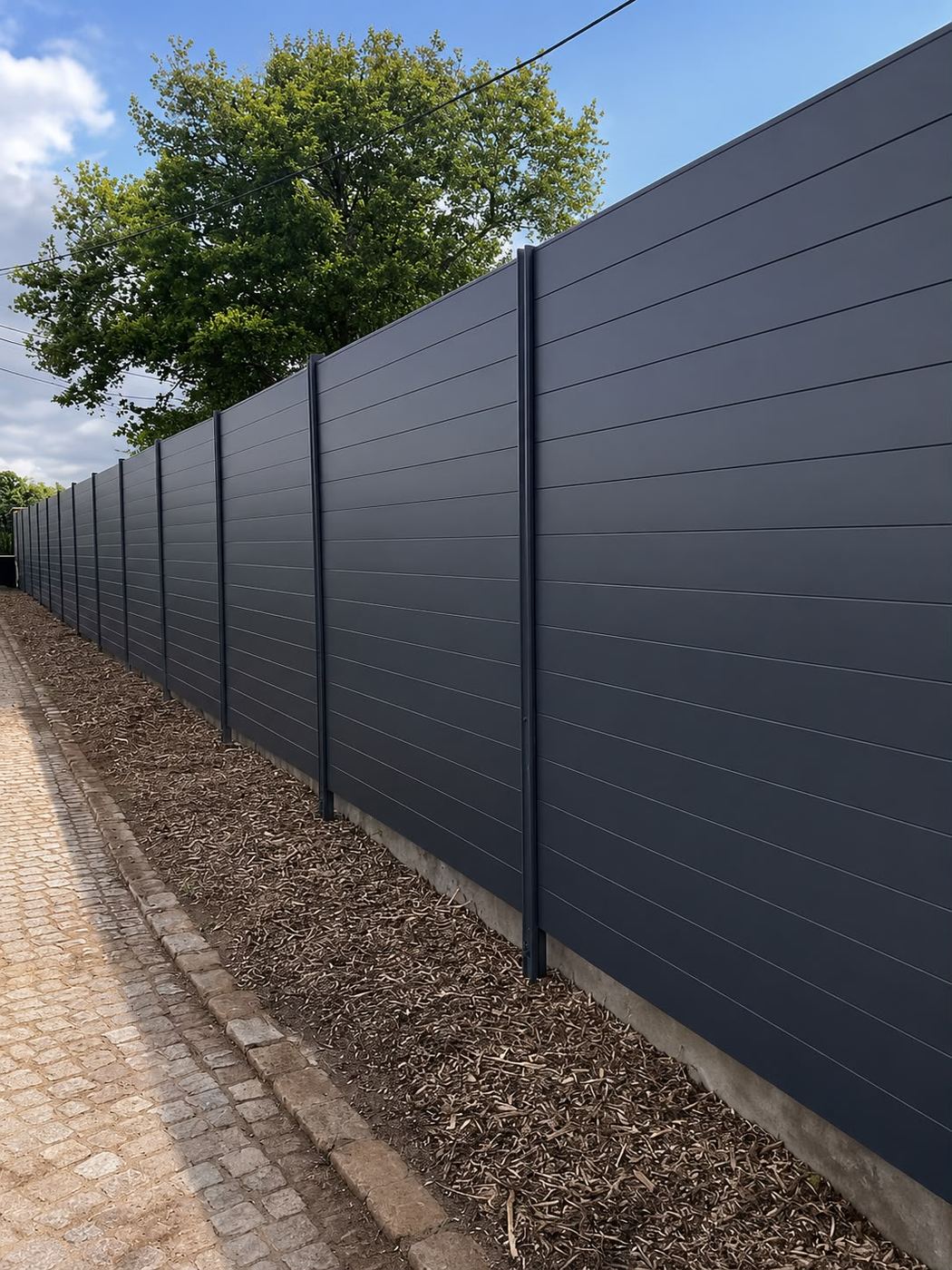 Clôture aluminium grise posée en limite de propriété