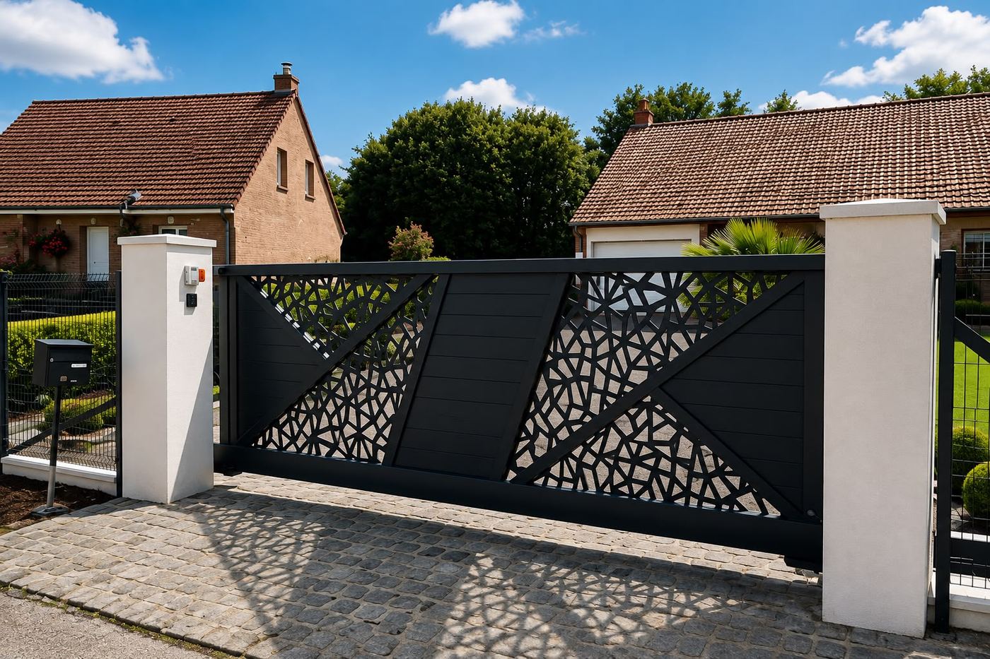 Portail aluminium noir à motif découpé, posé entre deux piliers