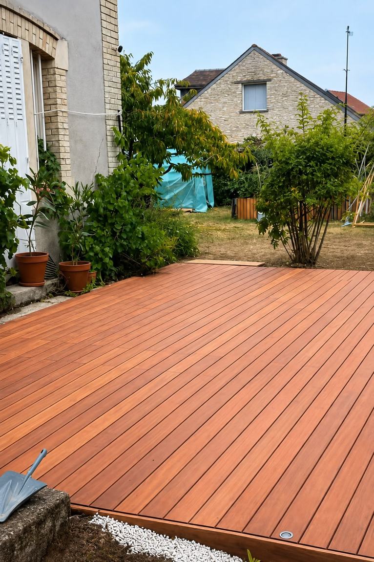 Terrasse en bois exotique posée devant une maison