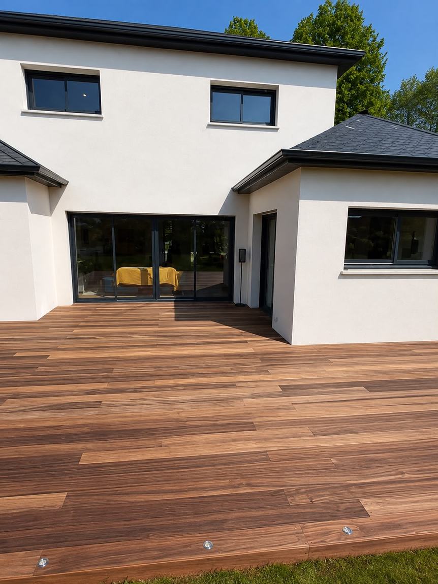 Terrasse en bois devant une maison contemporaine