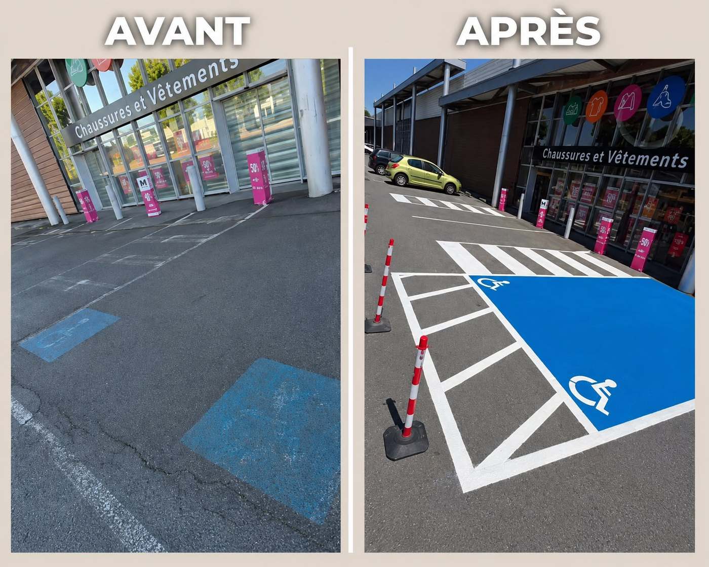 Place de stationnement PMR, avant et après intervention